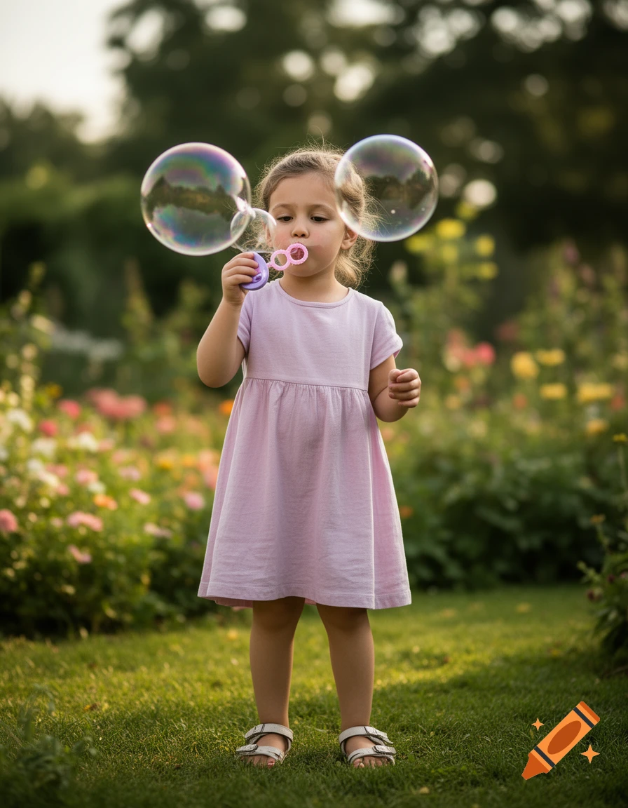Photorealistic portrait of a young girl in a pink dress blowing soap bubbles in a garden.
