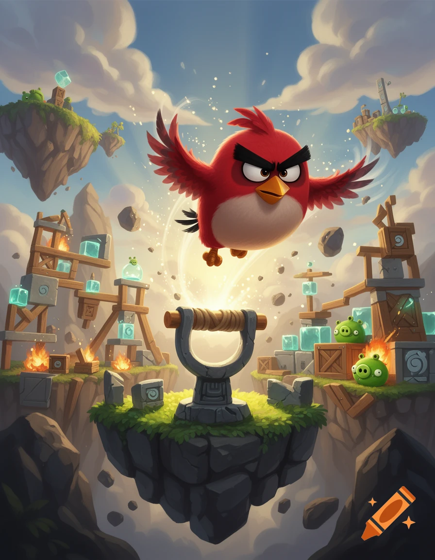 Digital illustration of a red bird from Angry Birds flying above a slingshot on a floating island, surrounded by green pigs and wooden structures.
