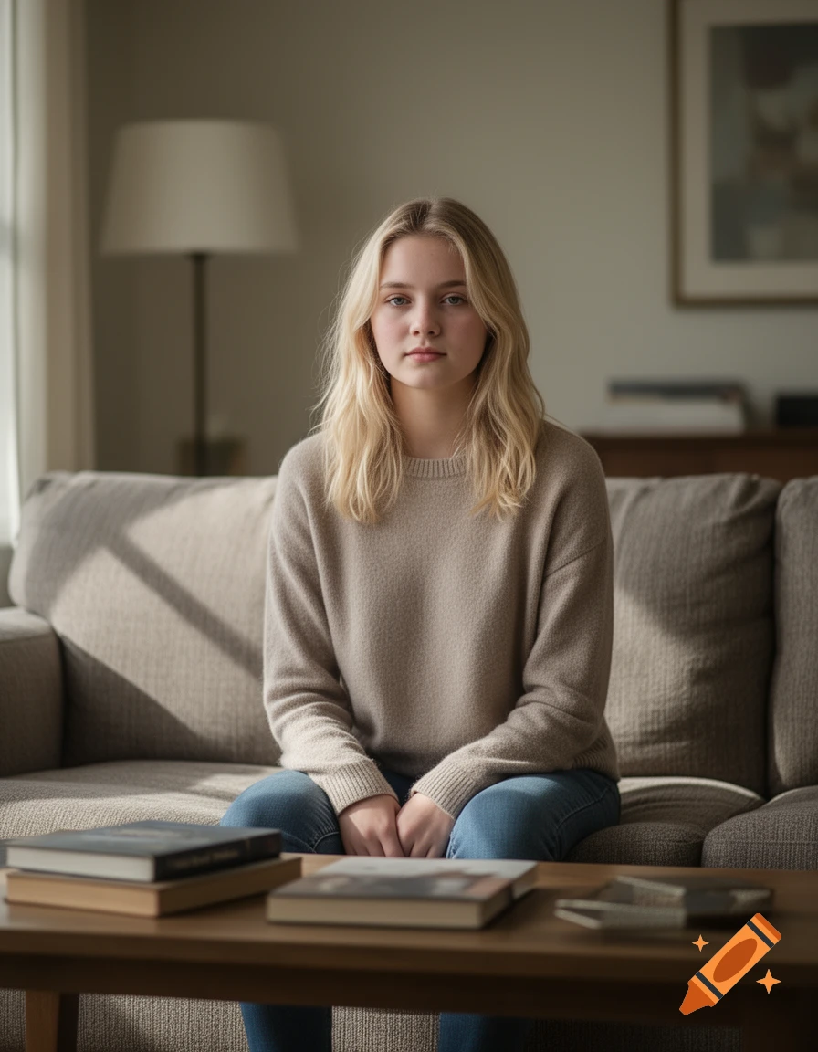 Photorealistic portrait of a young blonde teenage girl sitting on a living room sofa.