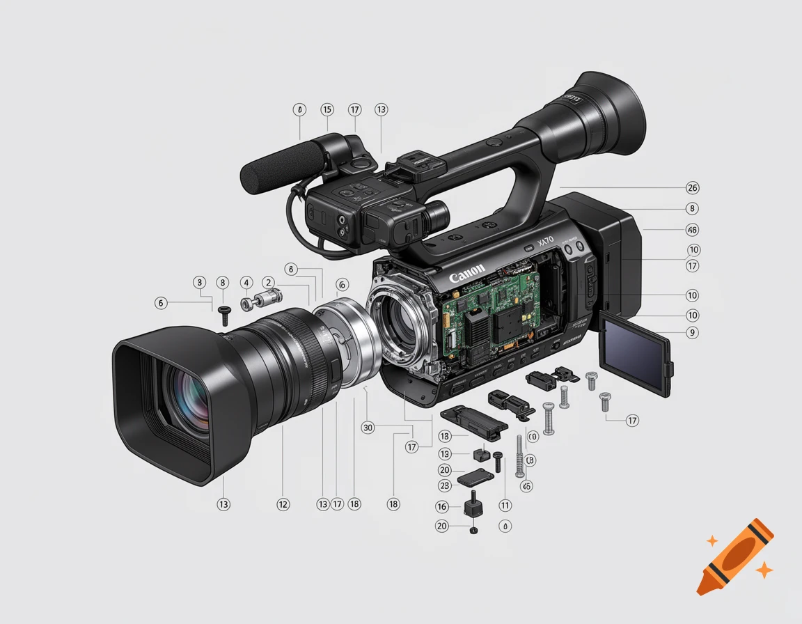 Exploded view technical illustration of a Canon XA70 video camera with disassembled parts and numbering labels.