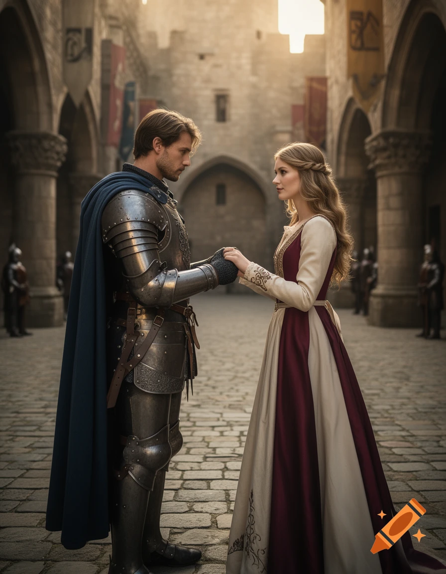 A handsome knight in full armor holding hands with a princess in a medieval stone courtyard, photorealistic.