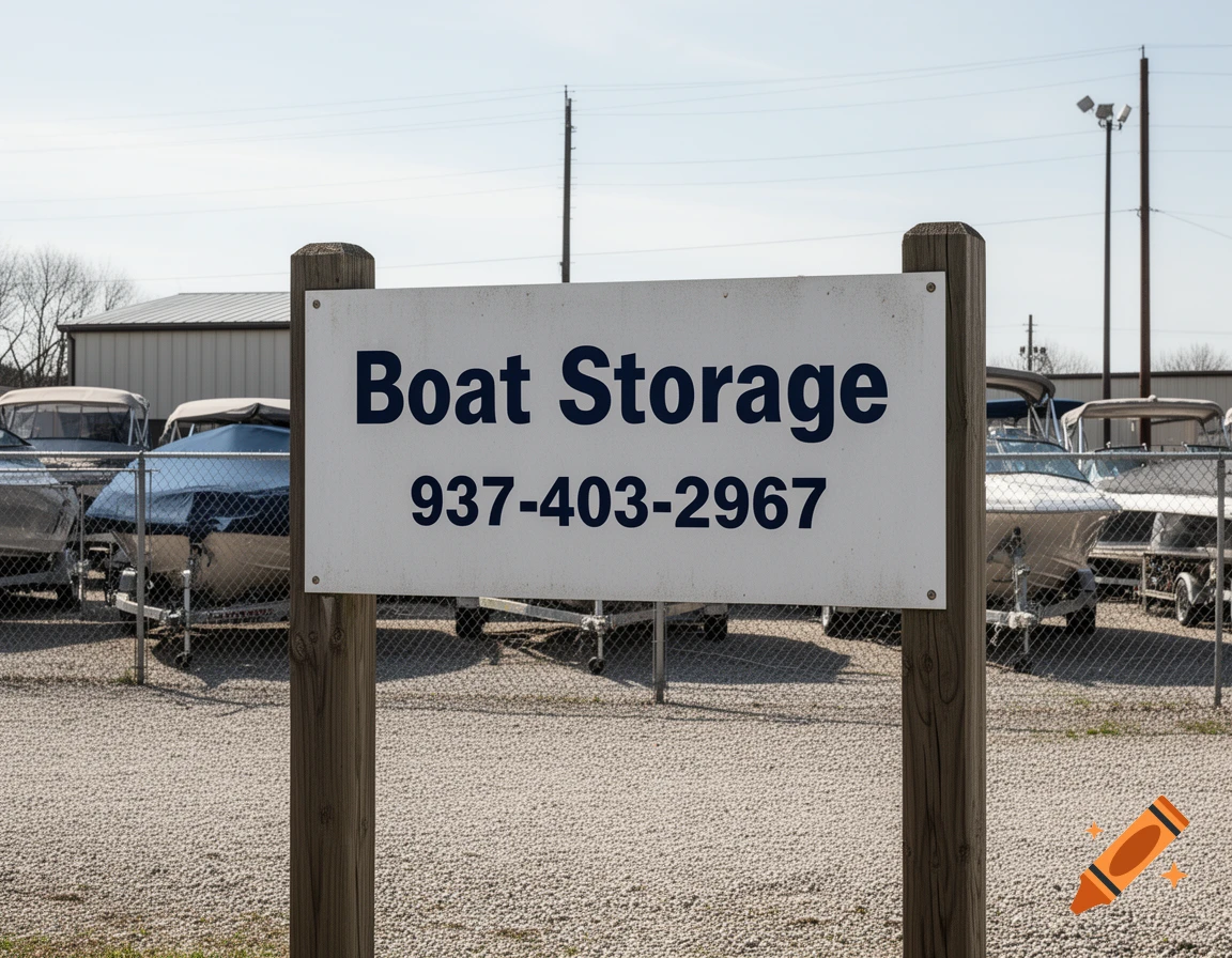 A white sign reading Boat Storage and a phone number mounted on wooden posts in front of a boat storage yard, photorealistic.