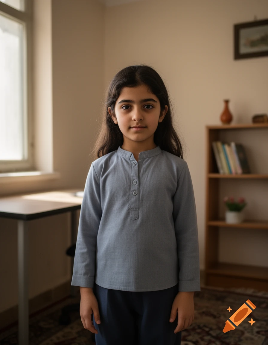 Photorealistic portrait of a young Iranian girl standing in a room with a bookshelf and desk.