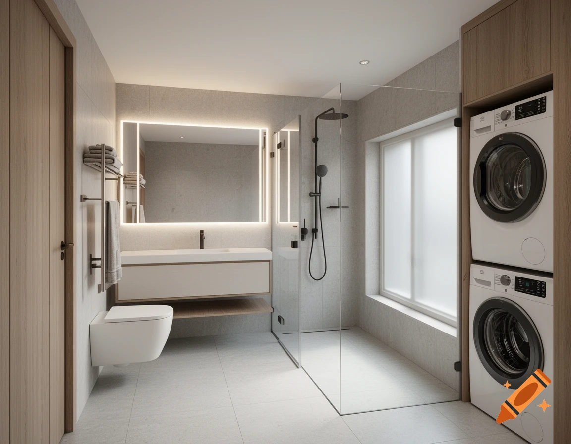 Modern minimalist bathroom with light grey tiles, glass walk-in shower, backlit mirror vanity, and stacked washer-dryer.