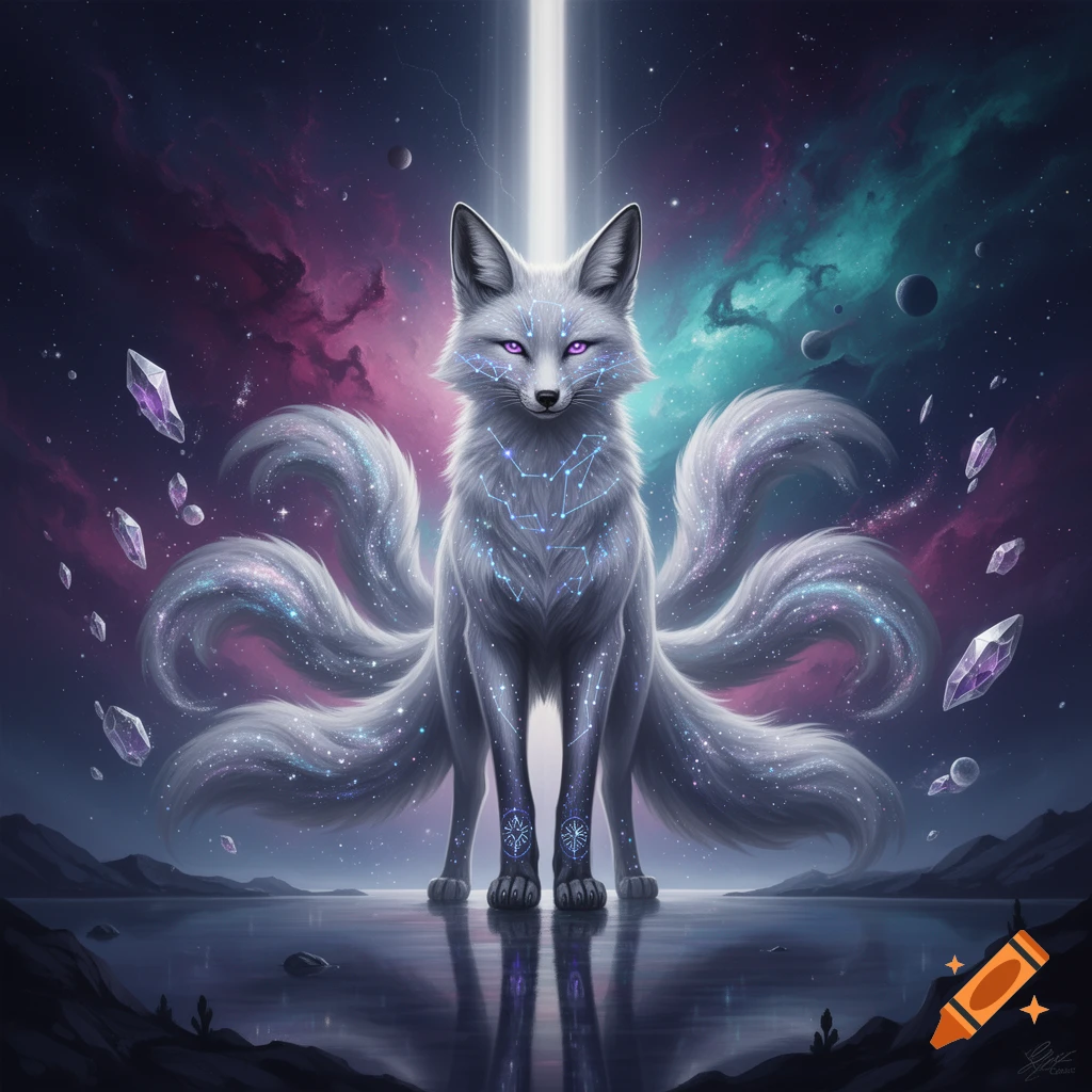 Digital art of a majestic white cosmic kitsune with nine tails, glowing purple eyes, and constellation markings, standing in front of a nebula background with floating crystals.