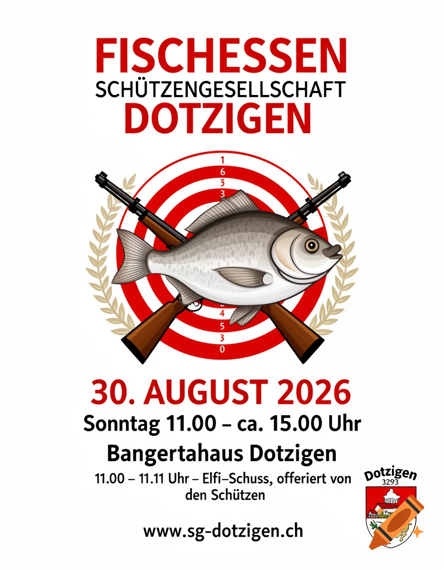 A poster for a fish eating event featuring a large fish over a shooting target, crossed rifles, and event details in German.
