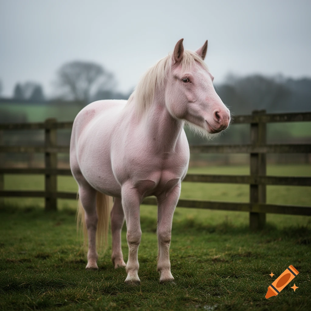 A photorealistic horse with pale pink pig-like skin standing in a grassy field with a wooden fence in the background.
