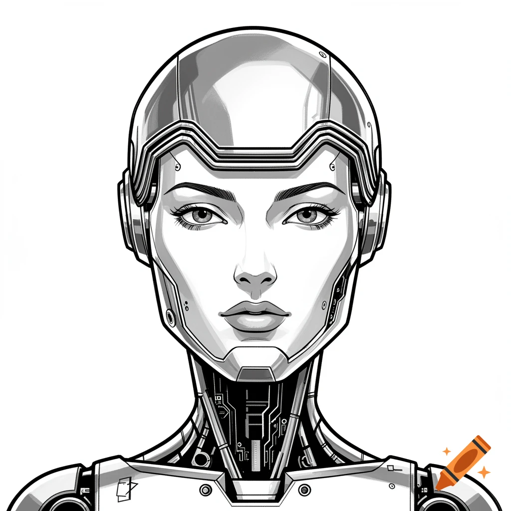Black and white comic style illustration of a female android with a metallic helmet and exposed robotic neck.