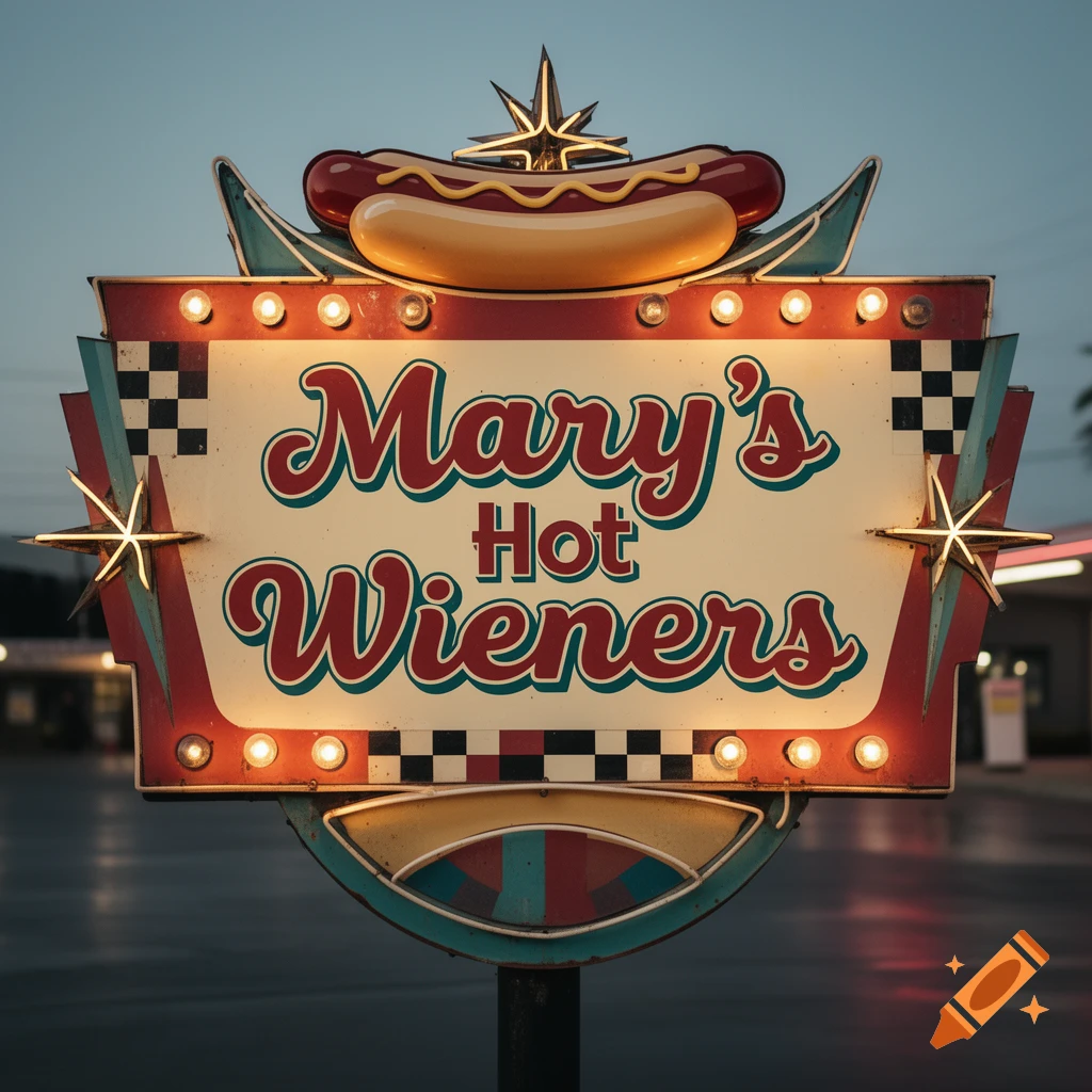 Vintage 1960s style neon sign reading Mary's Hot Wieners with a hot dog graphic on top.