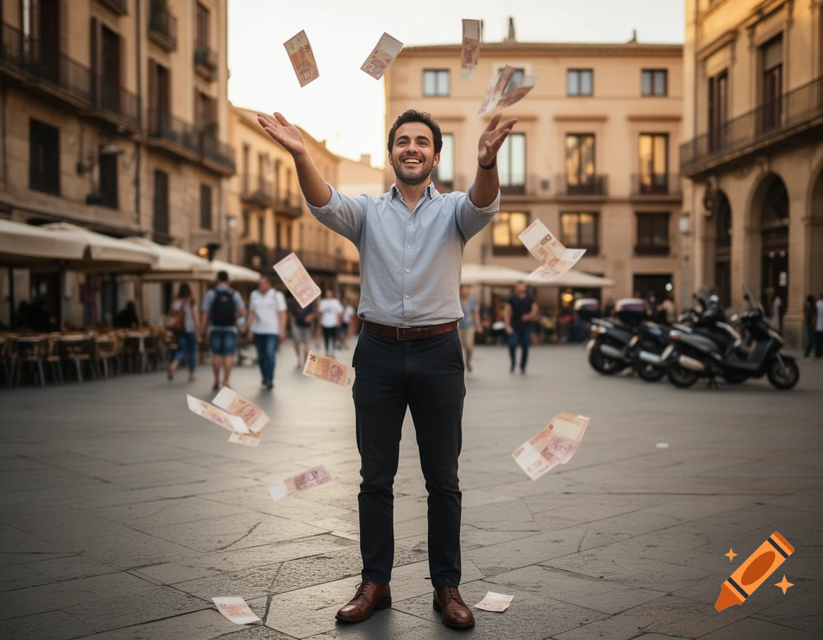 A smiling man standing in a European city square, throwing money into the air.