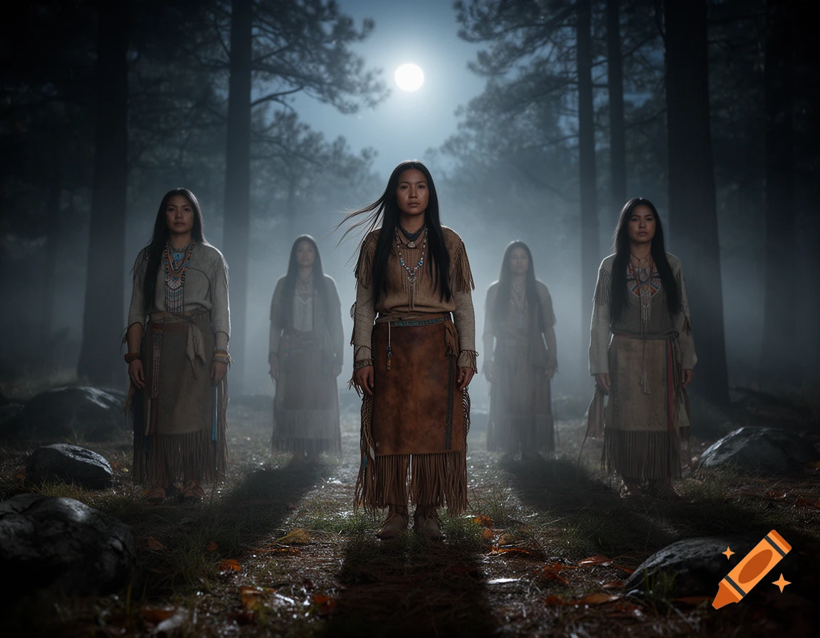 Photorealistic scene of five Native American women standing as ghosts in a misty forest under a full moon.