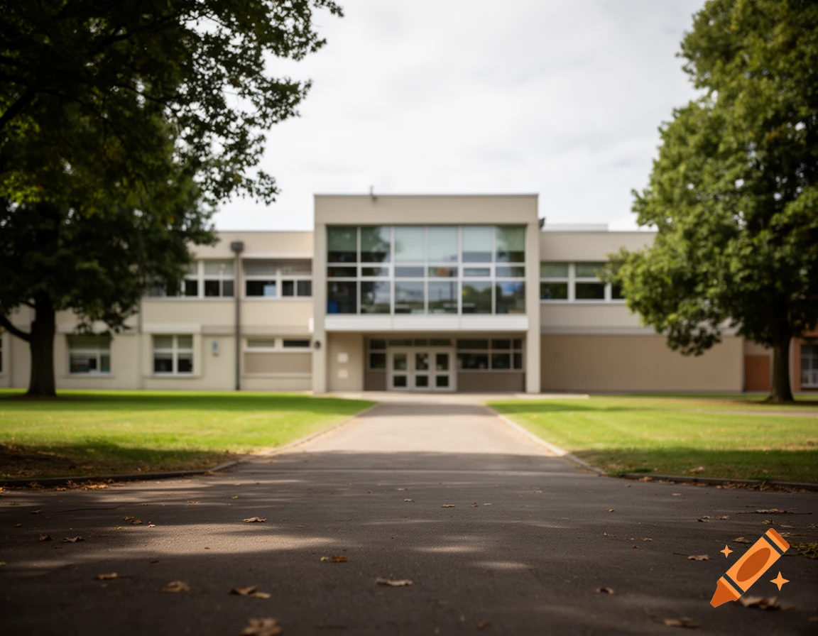 Photorealistic view of a modern school building with a paved walkway leading to the entrance, flanked by green lawns and trees.