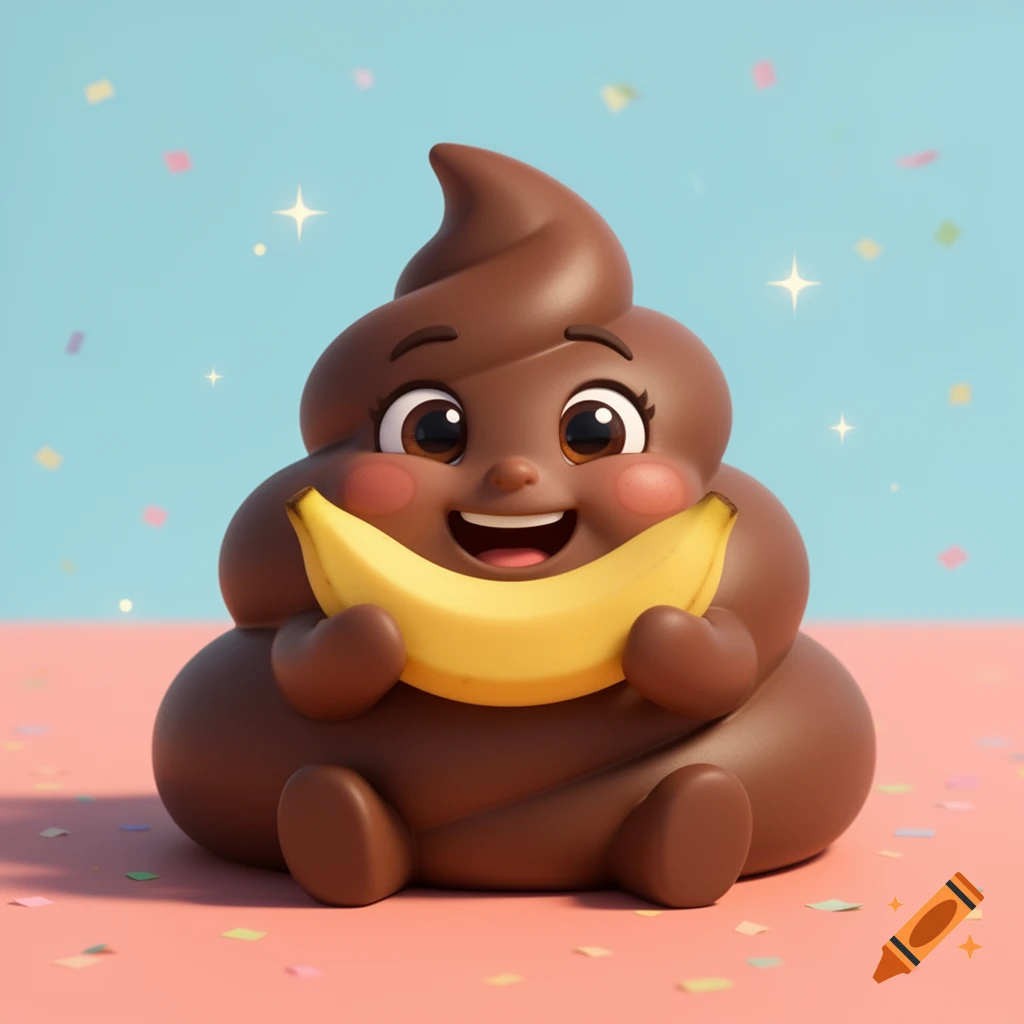 3D render of a cute cartoon character shaped like a poop emoji holding a banana, with confetti in the background.