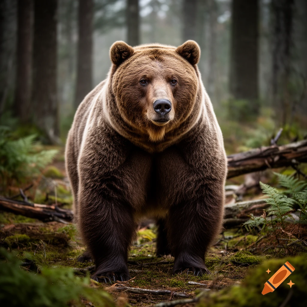 Photorealistic image of a large brown bear standing in a misty forest.