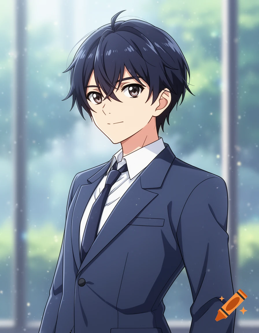 Anime style portrait of a young man with dark blue hair wearing a blue suit and tie.