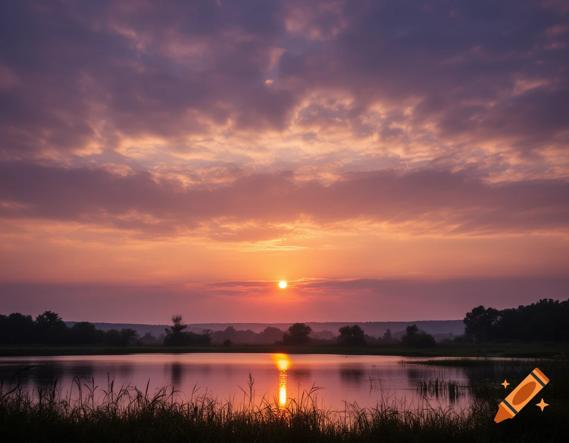 Photorealistic landscape of a calm lake reflecting a vibrant sunset with purple and orange clouds.