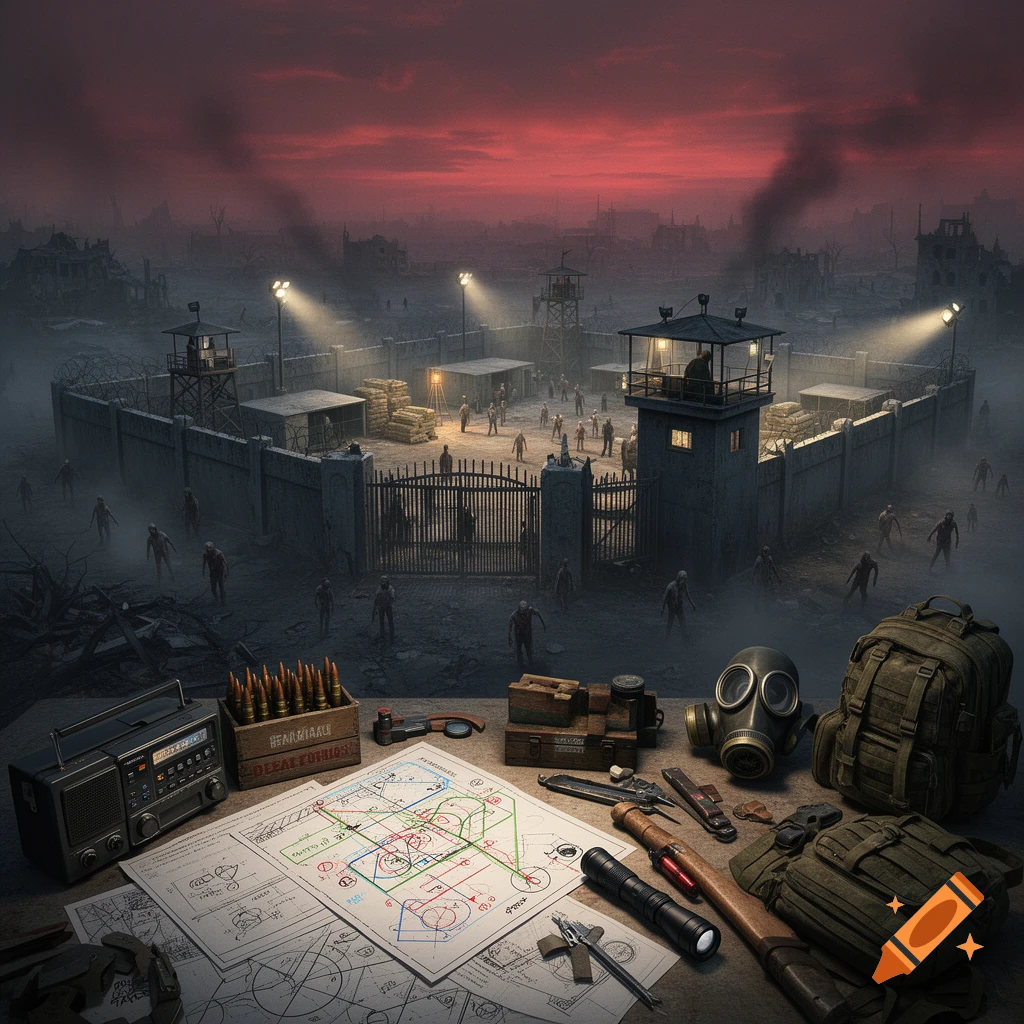 Strategic planning table with maps, radio, and ammunition boxes in foreground, overlooking a fortified zombie base at night.