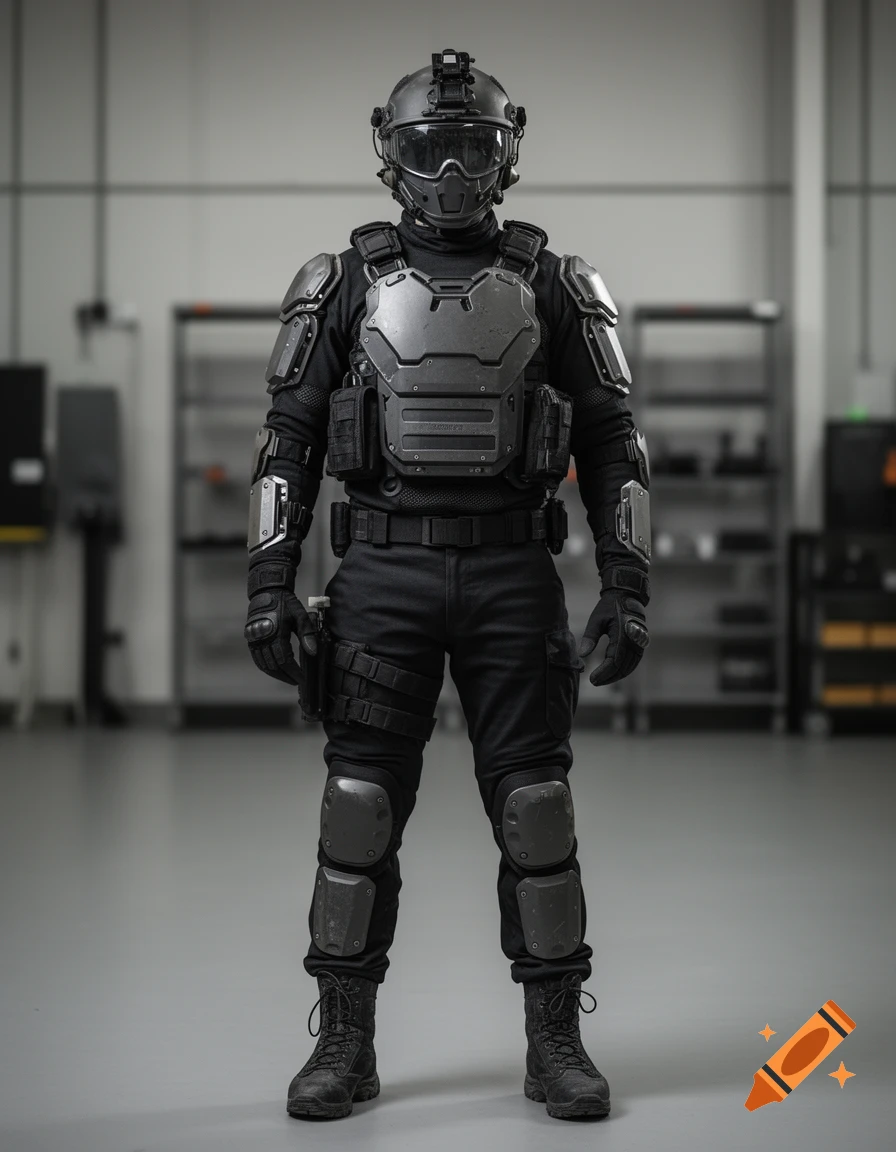 Photorealistic full-body shot of a soldier in advanced futuristic black tactical armor and helmet standing in an industrial room.