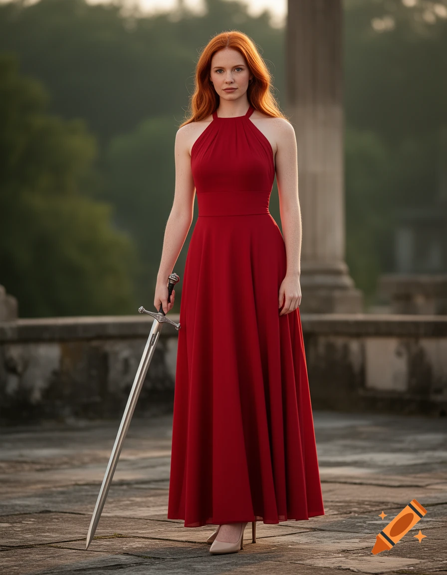 Full-body shot of a young redhead woman in a red halter dress and heels, holding a sword on a stone terrace.
