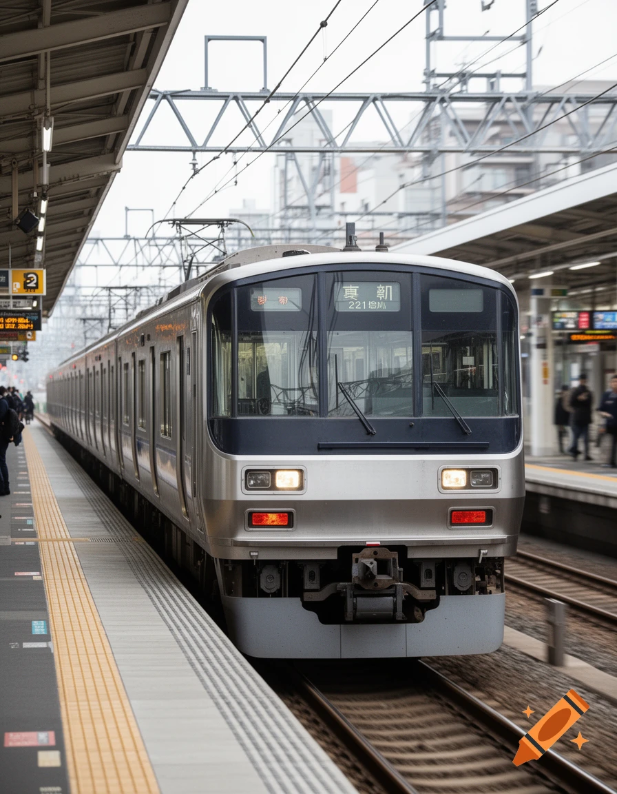 Photorealistic image of a Japanese commuter train stopped at a railway station platform.