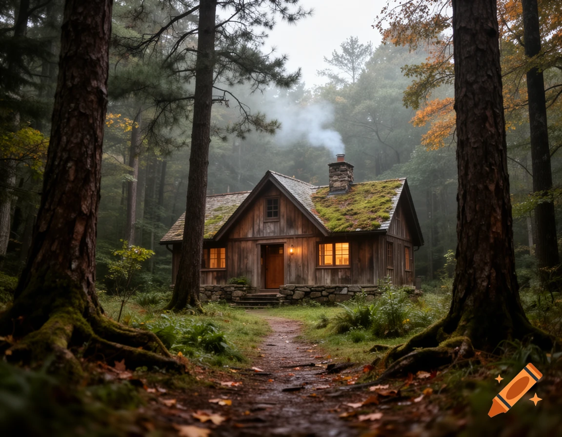 A cozy wooden cabin with a moss-covered roof and glowing windows in a misty pine forest.