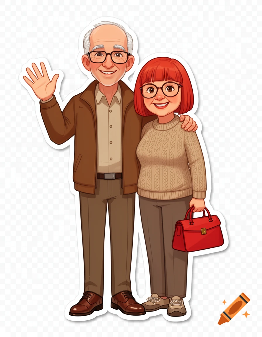 Cartoon sticker of an older man and woman standing together, smiling and waving, on a transparent background.