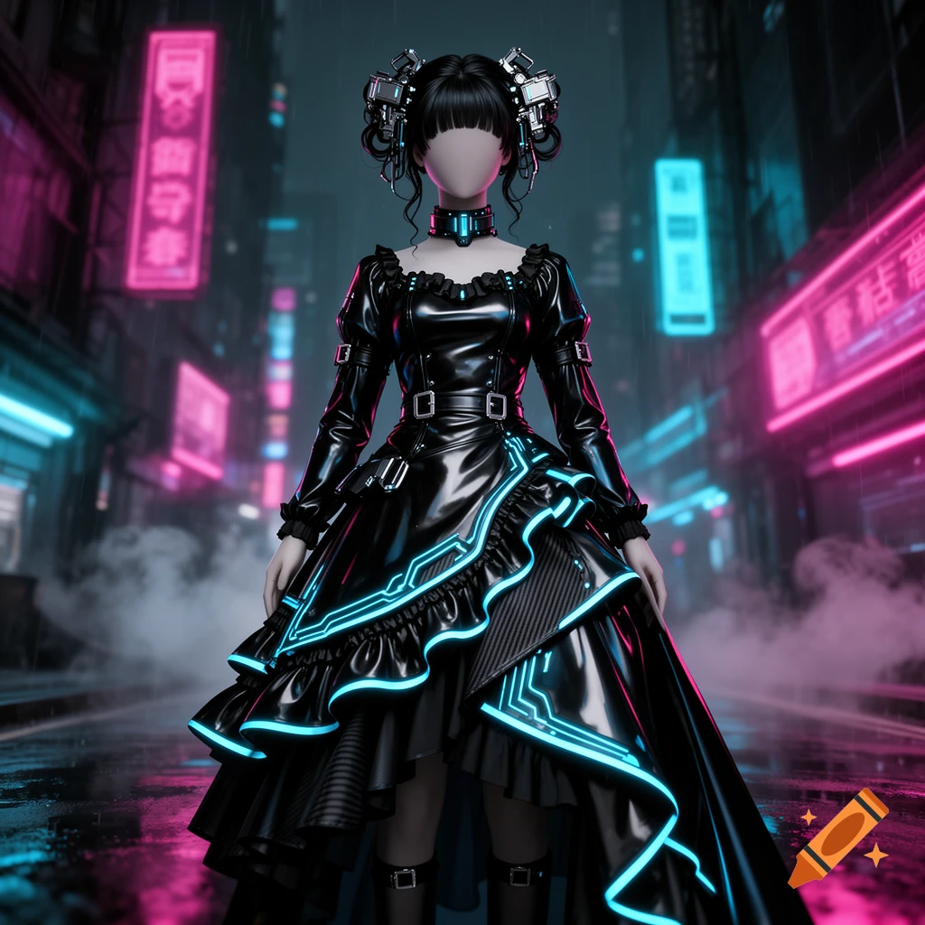 A faceless figure in a cyberpunk gothic lolita dress with neon blue trim, standing in a futuristic city alley with glowing signs.