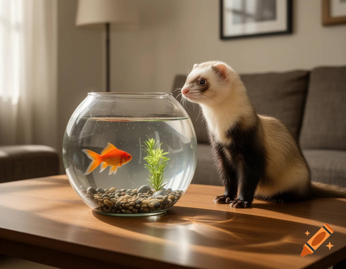 Photorealistic image of a curious ferret sitting on a wooden table, looking at a goldfish in a round glass fishbowl.