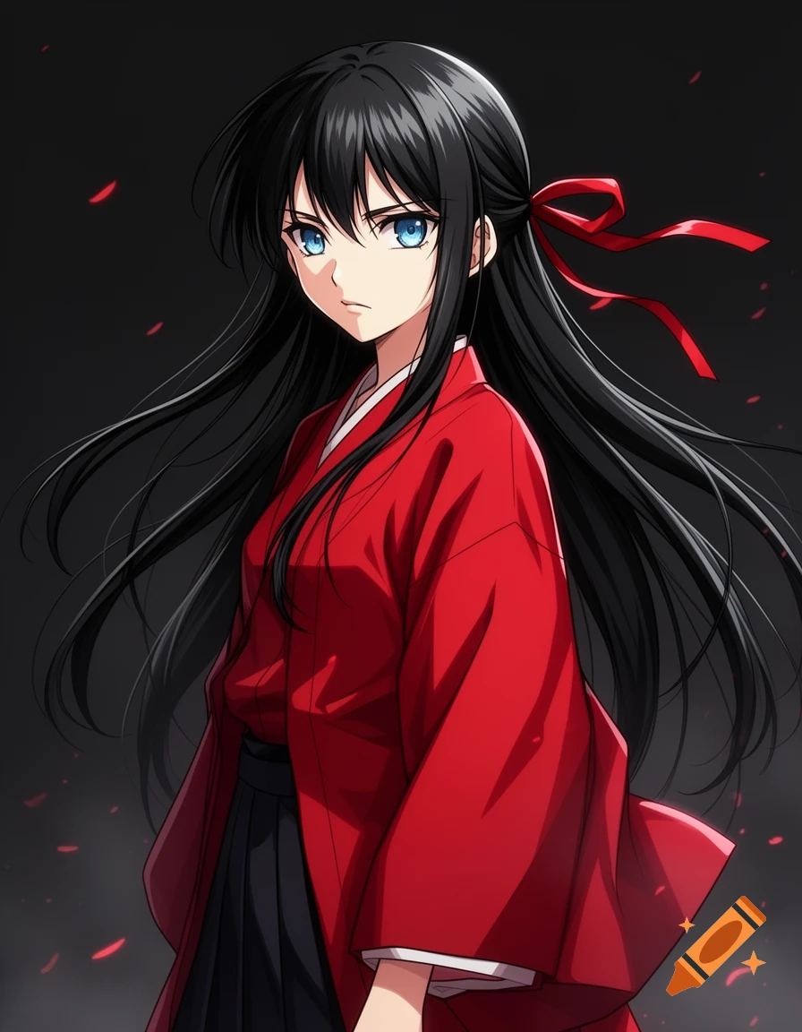 Anime style illustration of a girl with long black hair, blue eyes, and a red haori with a red ribbon.