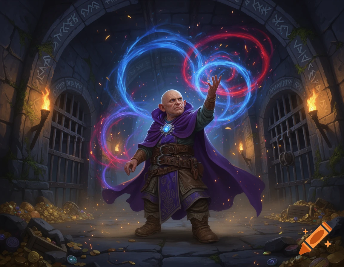 A bald halfling sorcerer in a purple cloak casting magic with glowing blue and red energy in a stone dungeon.