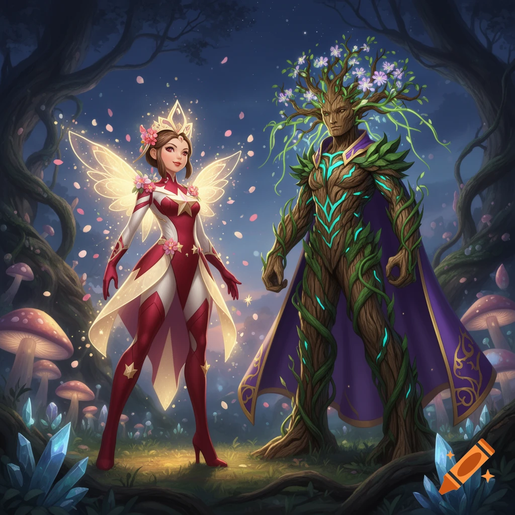 Digital illustration of two fantasy characters in a dark forest with glowing mushrooms and crystals. On the left, a female character in a red and white suit with star motifs and glowing fairy wings. On the right, a treant character with flowering branches for hair and a purple cloak.