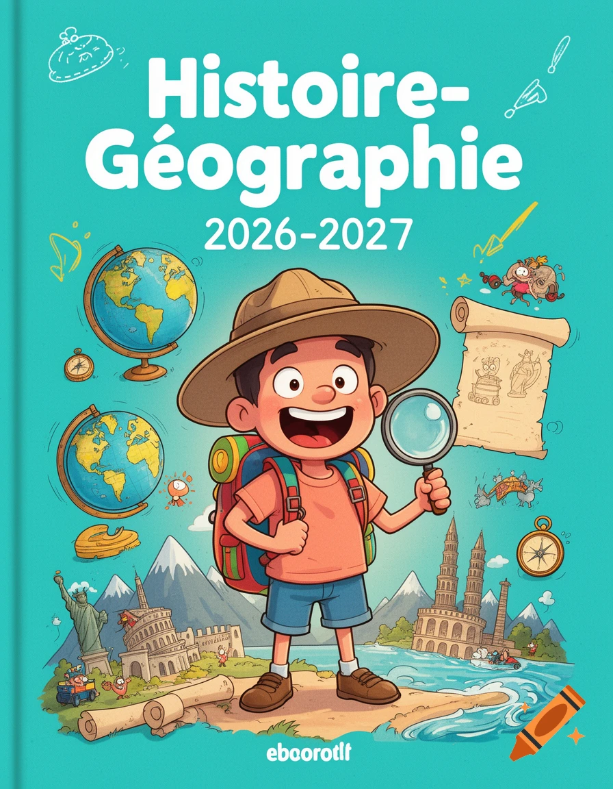 Colorful cartoon style textbook cover for history and geography featuring a young explorer with a magnifying glass and globes.