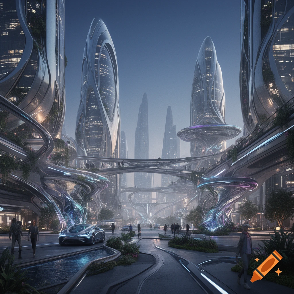 A futuristic city with towering organic structures, sleek walkways, and flying vehicles under a clear sky.