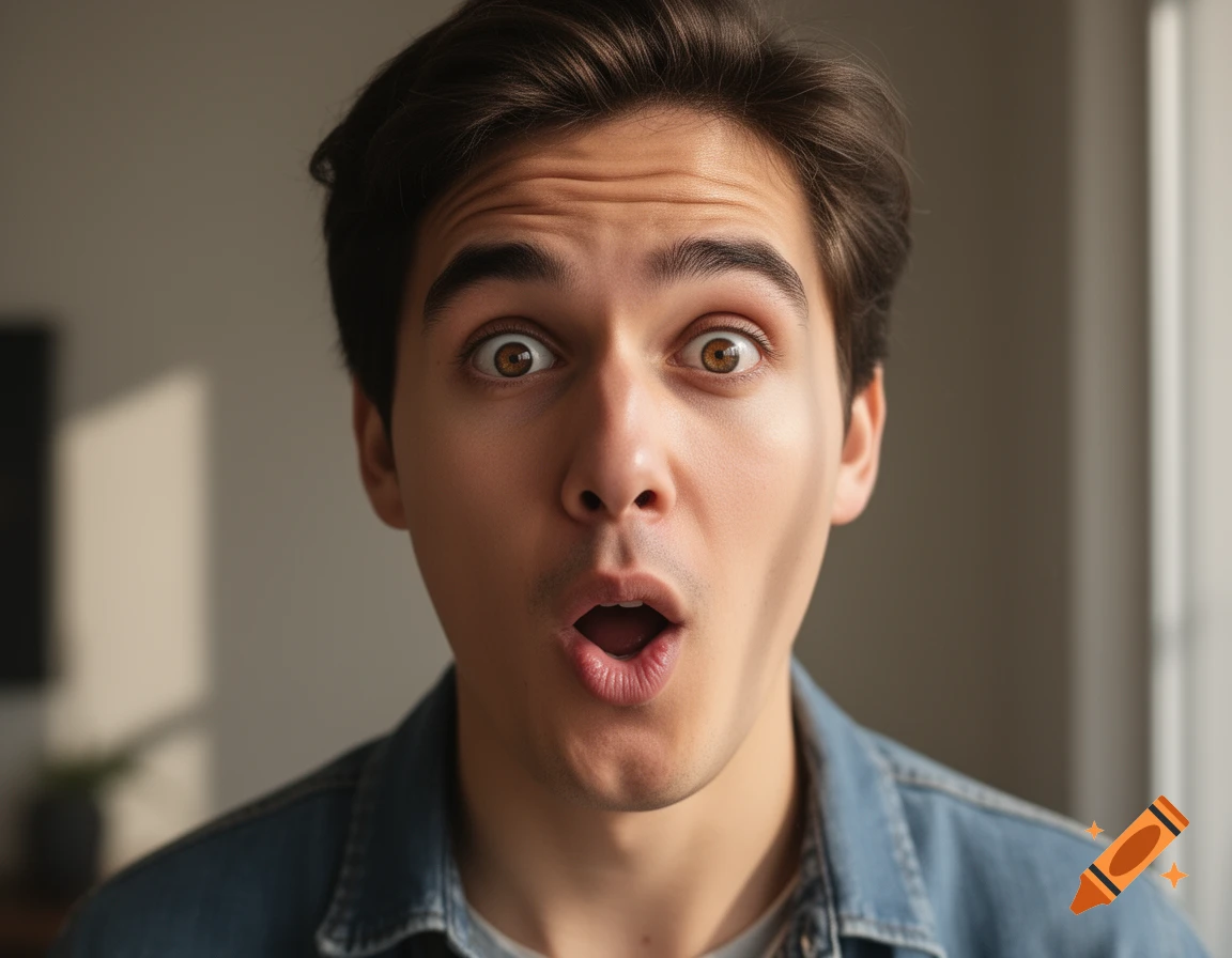 Close-up photorealistic portrait of a young man with wide eyes and mouth open in surprise, wearing a denim shirt.