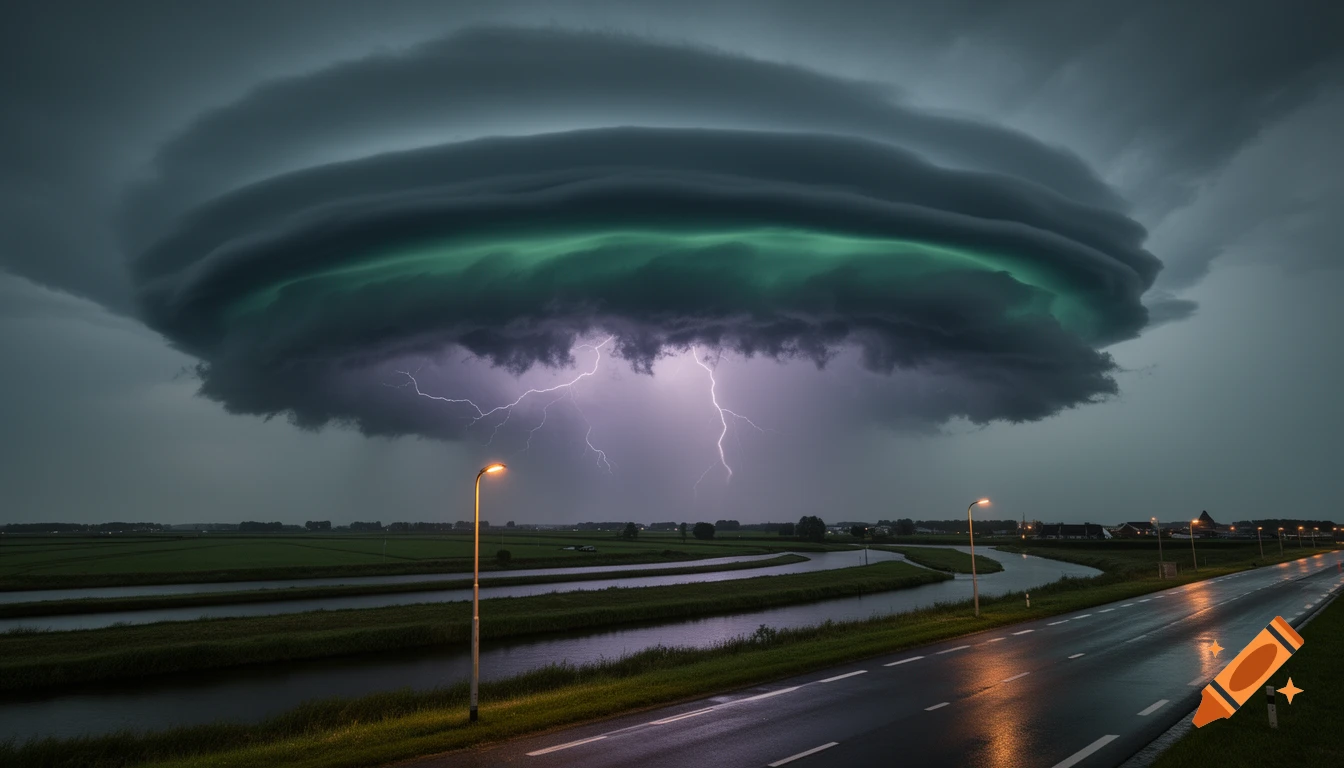 Photorealistic landscape showing an ominous, massive rotating supercell thunderstorm with green clouds and lightning over a Dutch landscape.