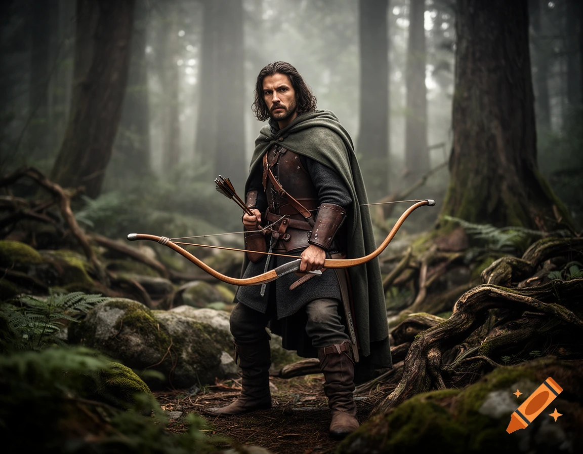 Photorealistic image of a medieval male ranger with a bow and arrow standing in a misty forest.
