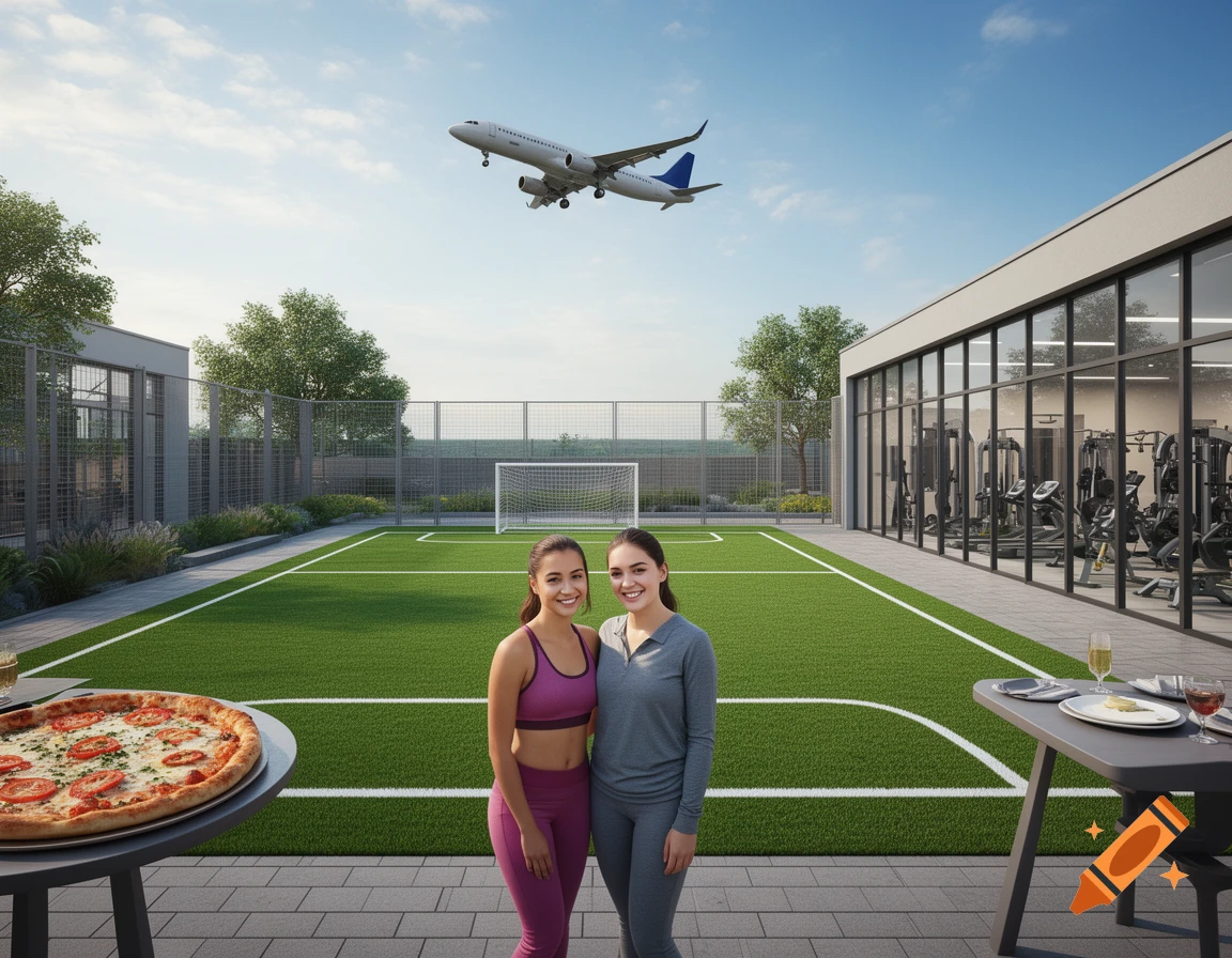 Photorealistic image of two female friends smiling in front of a soccer field with a pizza on a table and an airplane flying overhead.