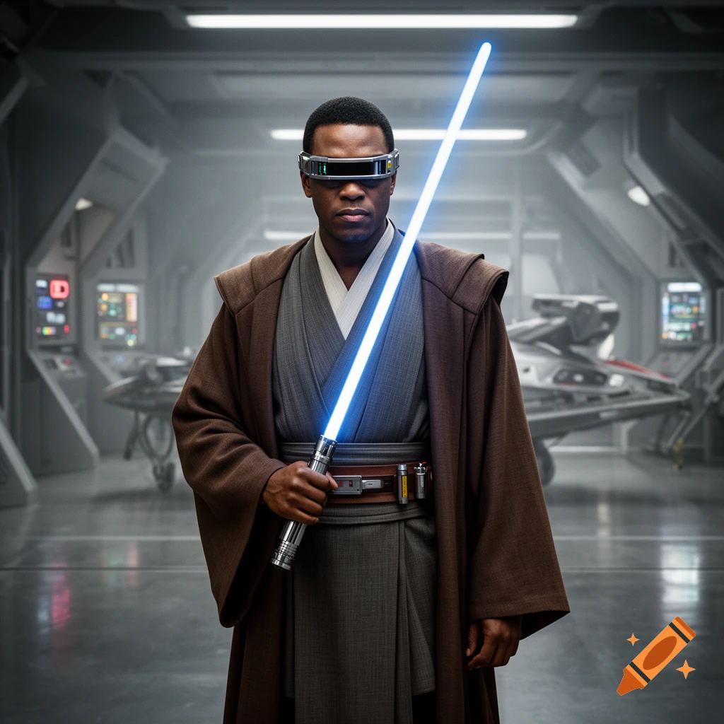 Photorealistic portrait of Geordi LaForge wearing Star Wars Jedi robes in a spaceship hangar, holding a blue lightsaber.