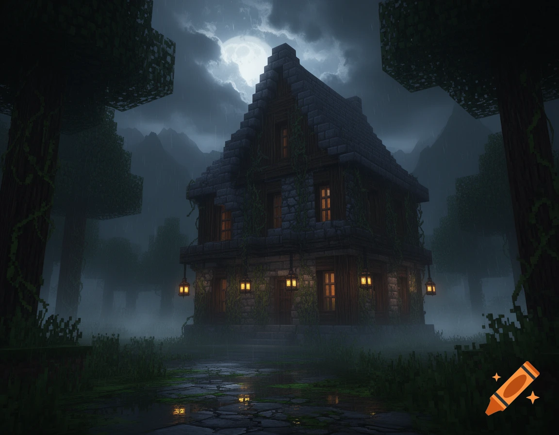 Dark atmospheric Minecraft house in a rainy forest at night under a full moon, cinematic style.