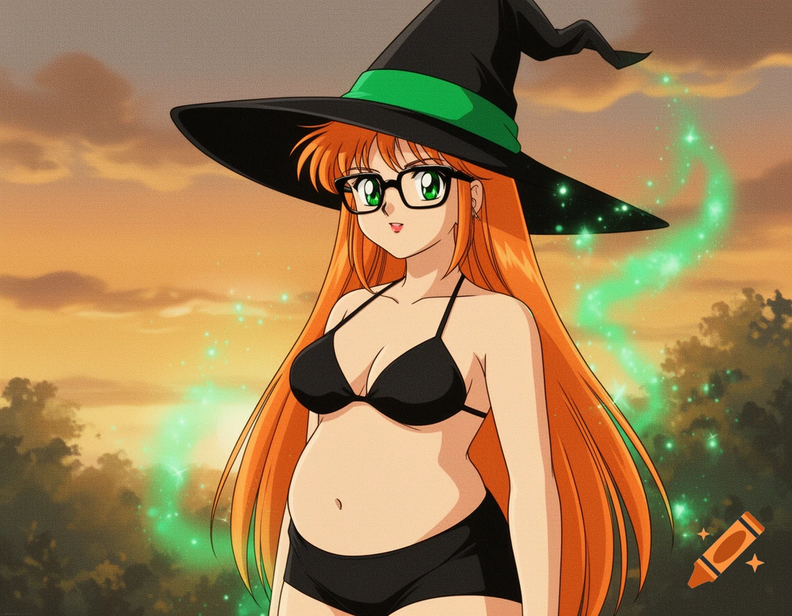 90s anime style illustration of an orange-haired witch with glasses, a chubby belly, and a black bikini, wearing a witch hat.