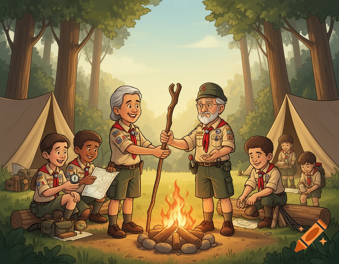 Modern cartoon illustration of scout leaders and children camping in a forest around a campfire.