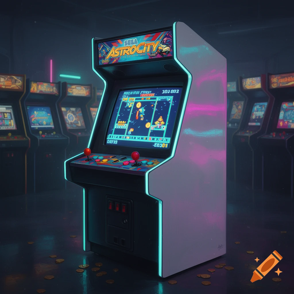 A retro Sega Astro City arcade cabinet in a dark arcade hall, with glowing neon trim and a game on screen.
