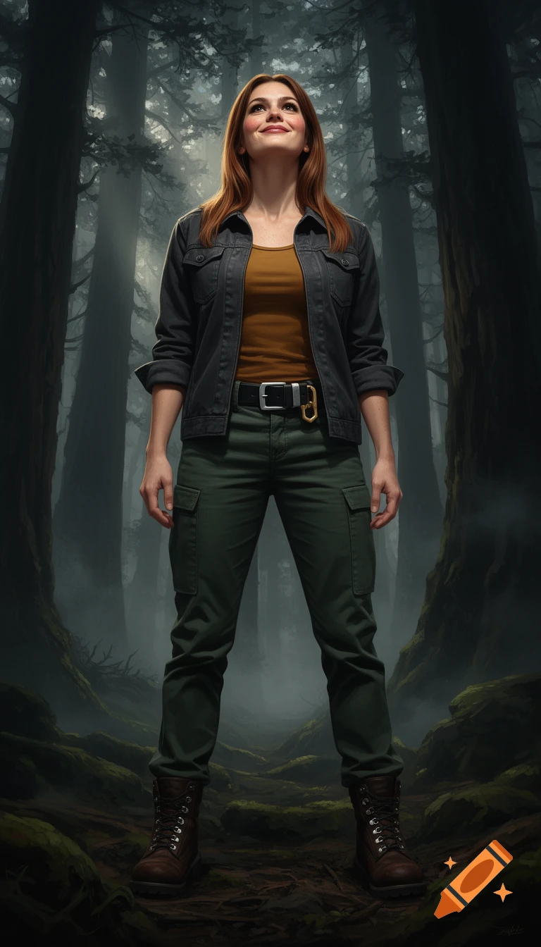 A cinematic portrait of a red-haired woman standing in a misty, dark forest wearing tactical gear.