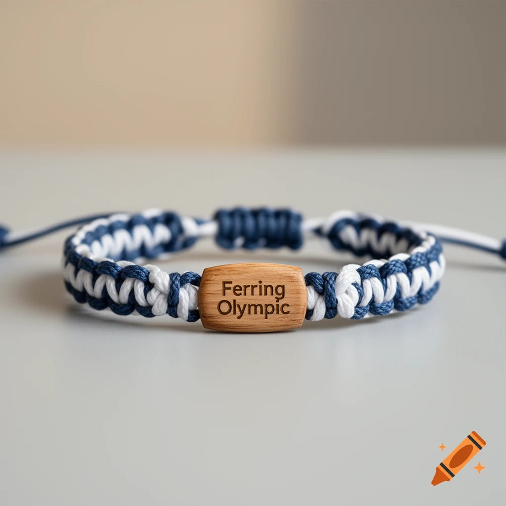 Blue and white micro-macrame bracelet with a central wooden bead engraved with text.