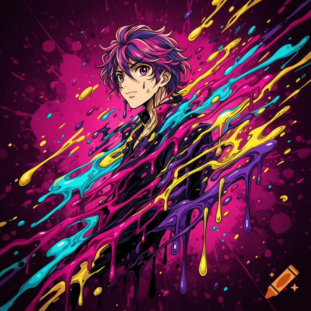 Anime style illustration of a young man with colorful pink and purple hair surrounded by melting neon paint splashes.