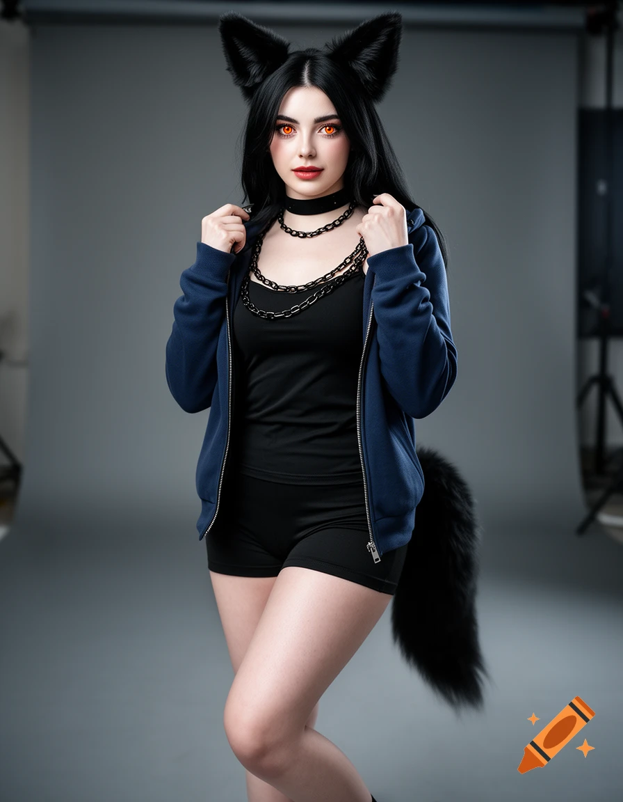 Photorealistic portrait of a woman with black hair, orange eyes, fluffy fox ears and tail, wearing a dark blue hoodie and black shorts.