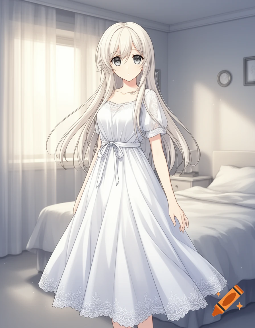 Anime style illustration of a young woman with white hair and grey eyes wearing a white dress standing in a bedroom.