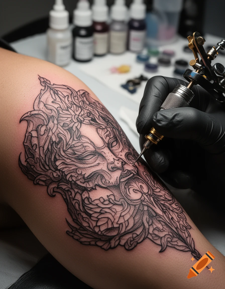 Close-up of a person getting a detailed black and grey tattoo on their arm by a tattoo artist wearing black gloves.