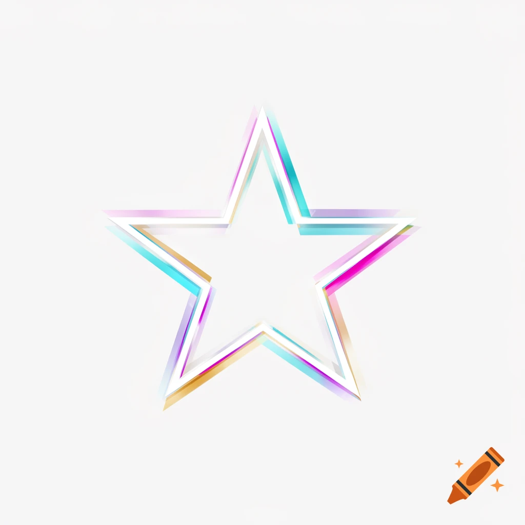 A stylized white star with a prismatic holographic outline on a clean white background.