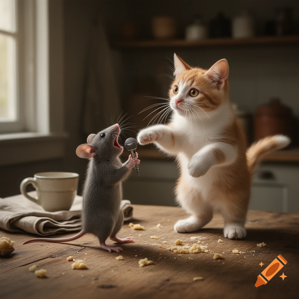 Photorealistic image of a tiny grey mouse holding a miniature microphone and singing to an orange and white kitten dancing on a wooden table.